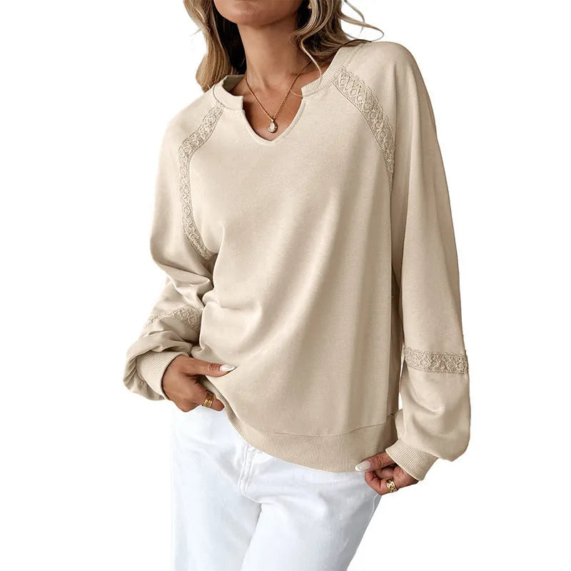 Women's half-open collar long sleeve sweater in cotton polyester blend with lace stitching detail