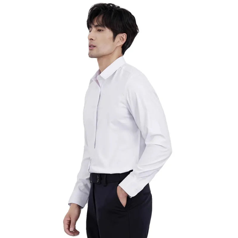 Wine red slim fit men's long sleeve shirt with non-iron polyester blend fabric