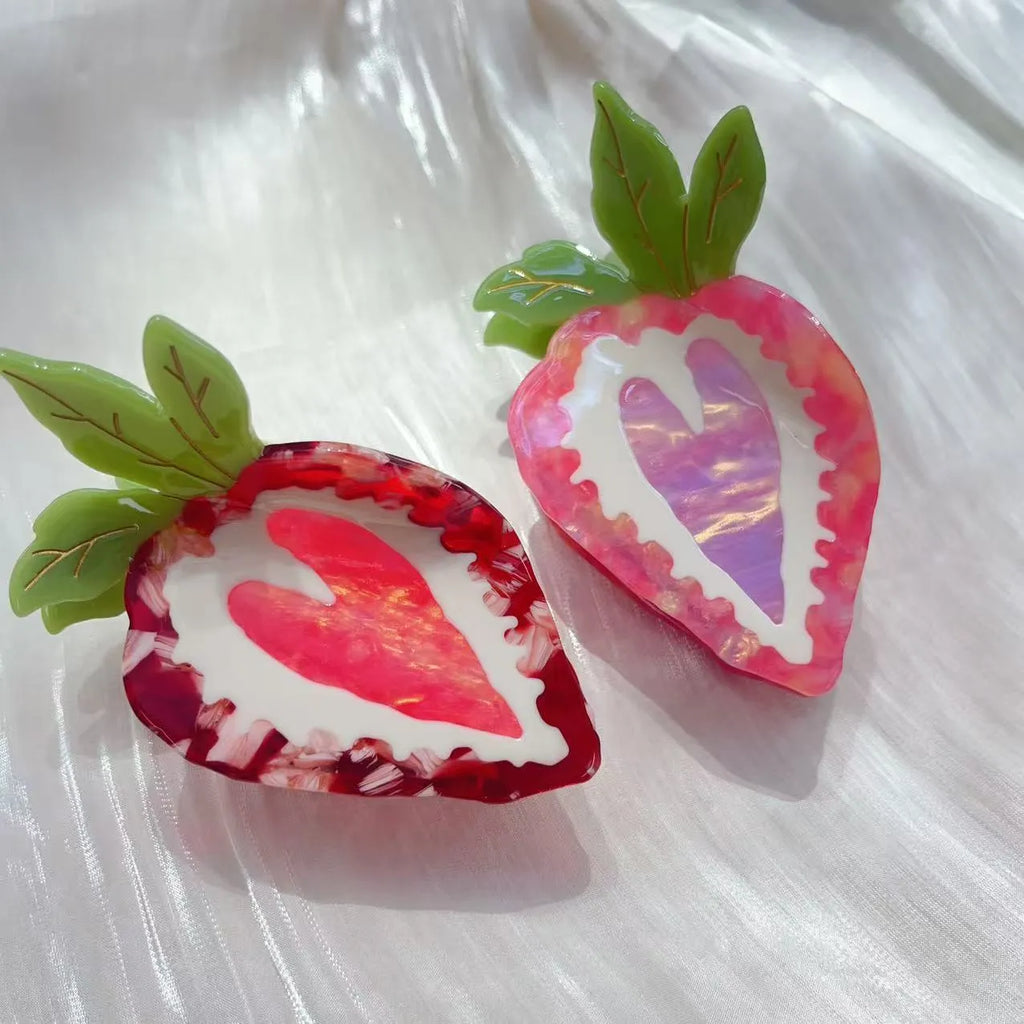 Red handmade strawberry hairpin clip with pastoral style on a white background