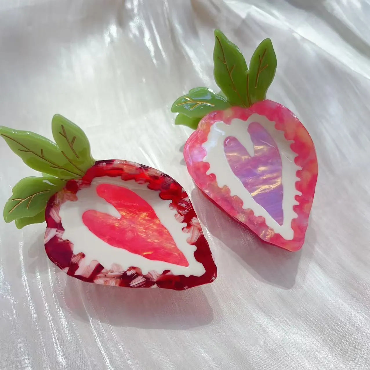 Red handmade strawberry hairpin clip with pastoral style on a white background