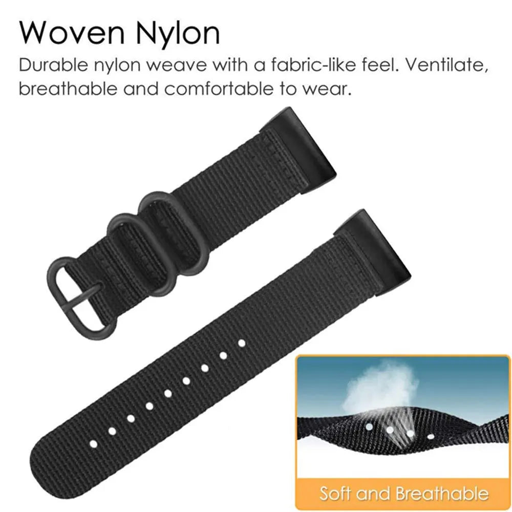 Army Green nylon strap with three-ring metal buckle for Fitbit Charge 3 fitness tracker
