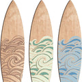 Three wooden surfboard wall decorations with European styling on a white background