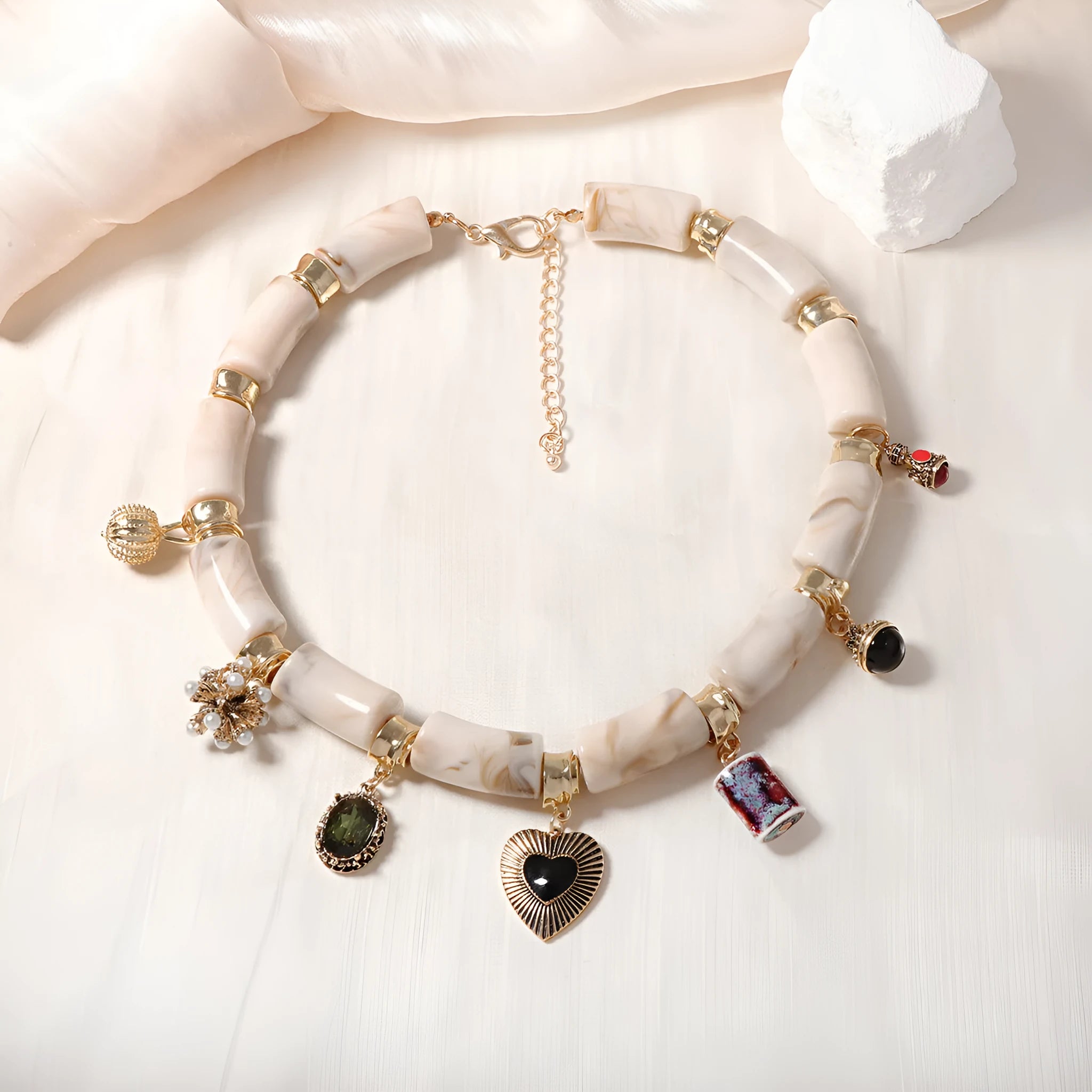 Heart shaped resin bamboo pendant necklace with electroplated finish in picture color for women