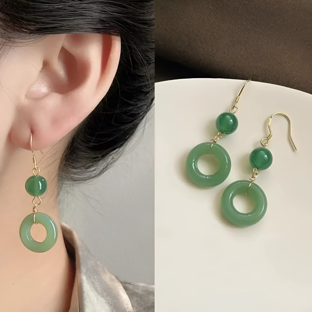 Green Chinese style peace buckle motif earrings with geometry shape and ring design elements