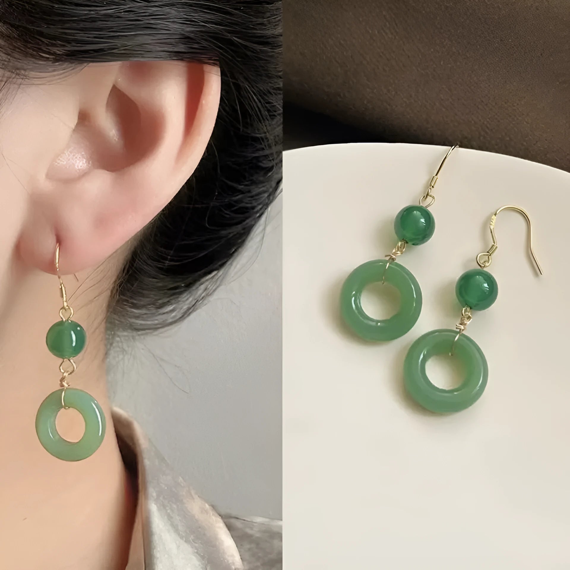 Green Chinese style peace buckle motif earrings with geometry shape and ring design elements