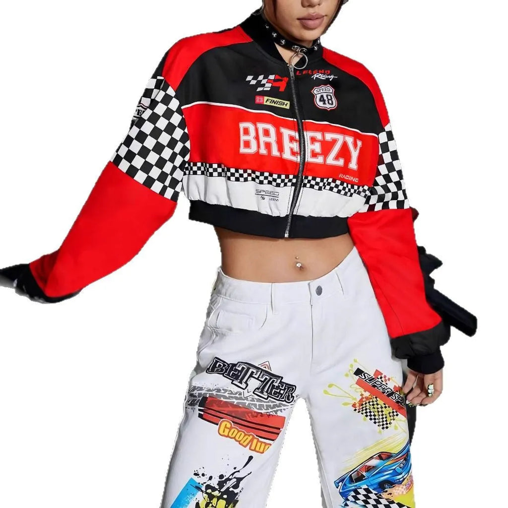 Women's loose fit geometric print zip-up jacket in blue colour showing street hipster style