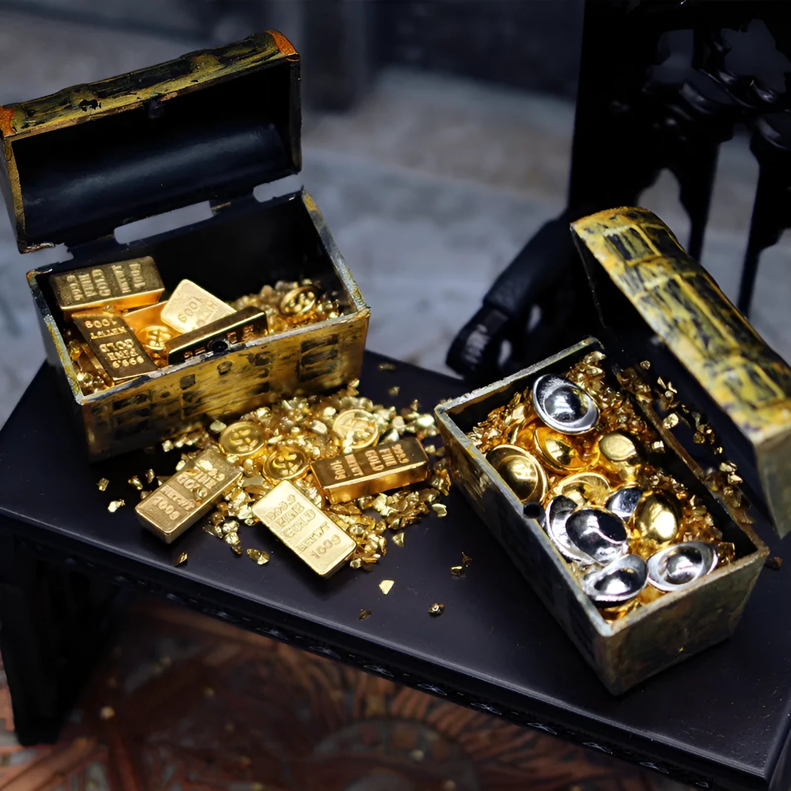 Alloy treasure chest doll house accessories with miniature gold coins and gold bars