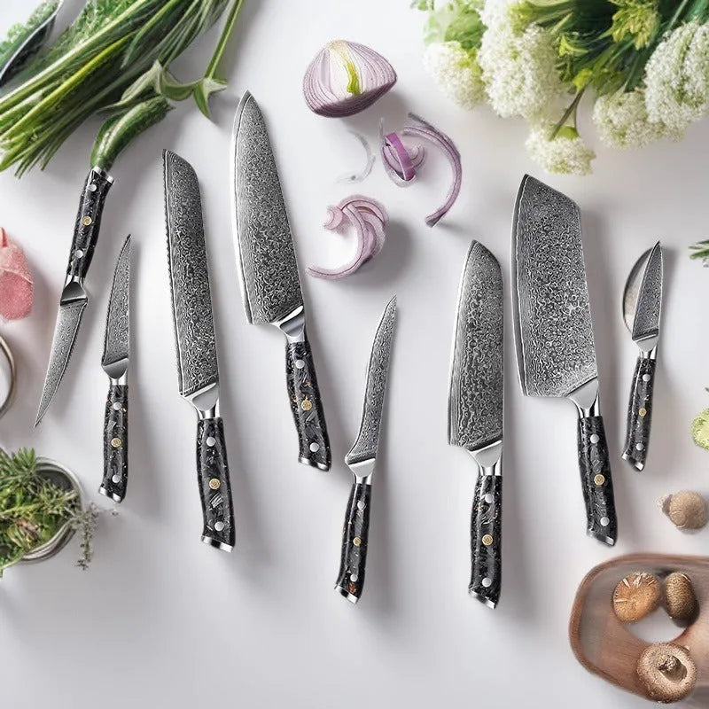 Damascus kitchen knife set 67-layer steel 8-piece collection with fishbone pattern