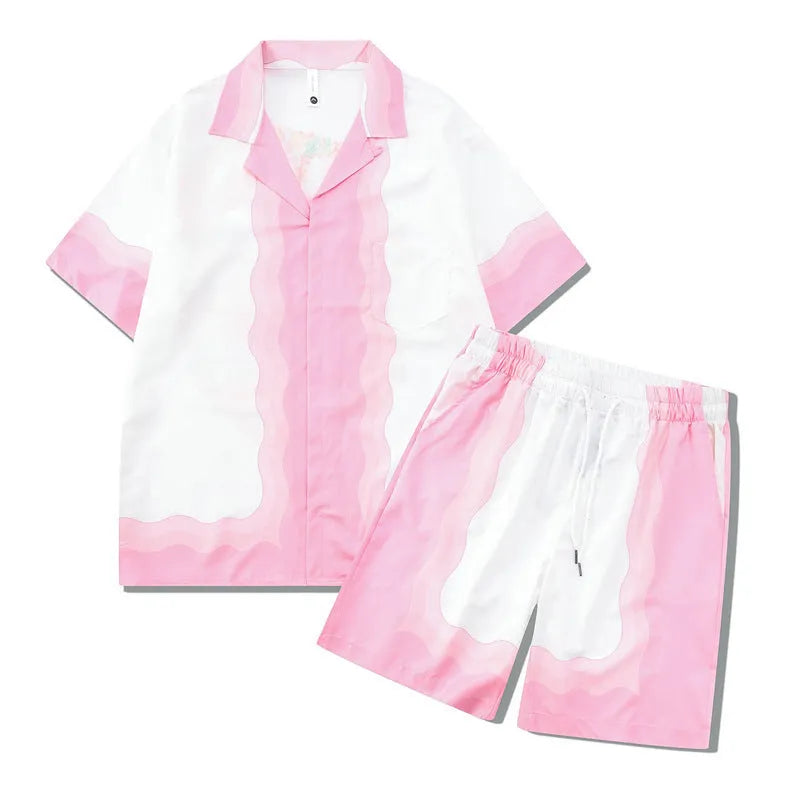 Plaid printed beach outfit set including short sleeve shirt and trousers for men and women