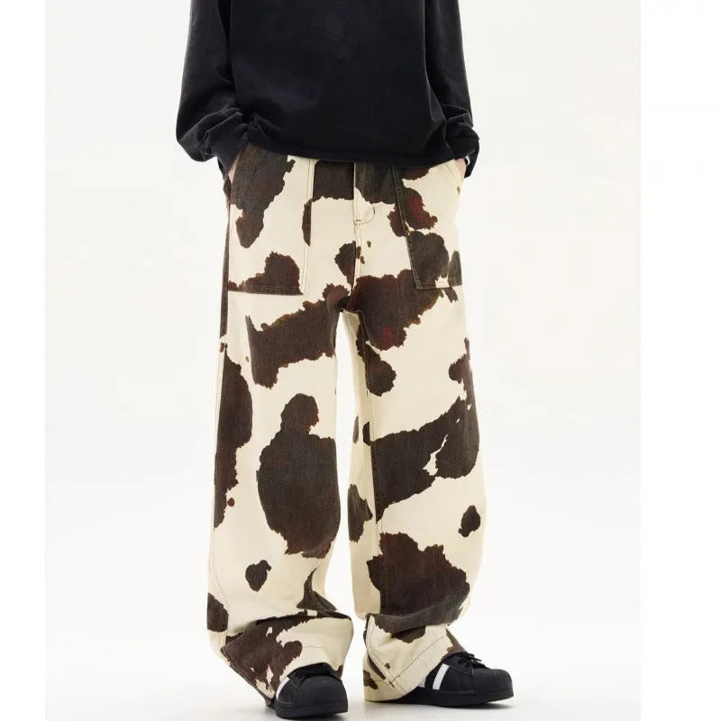 Men's retro American cows print straight-leg trousers in 7698 cow colour with button fly opening