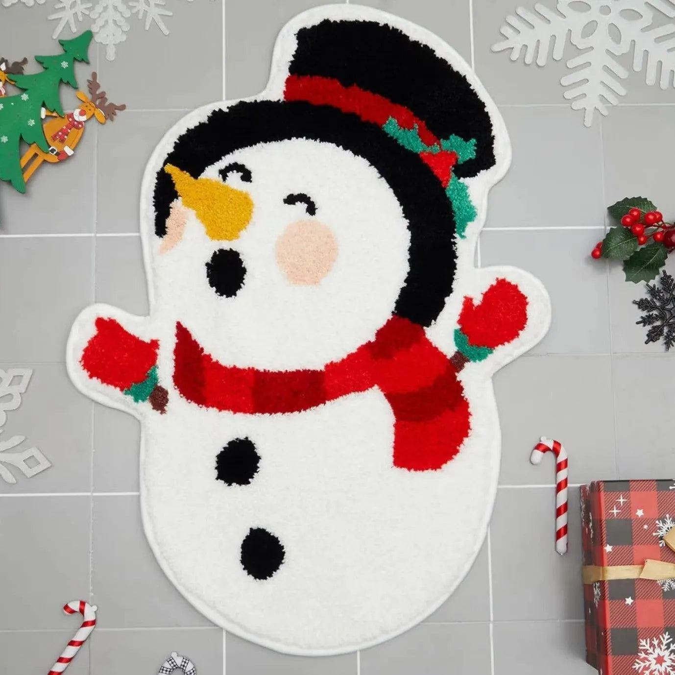 Square Christmas-themed polyester hallway mat with festive print and non-slip backing.