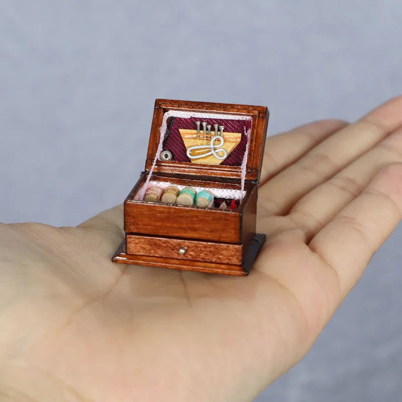 European style miniature wooden sewing kit box with double layer birch wood construction