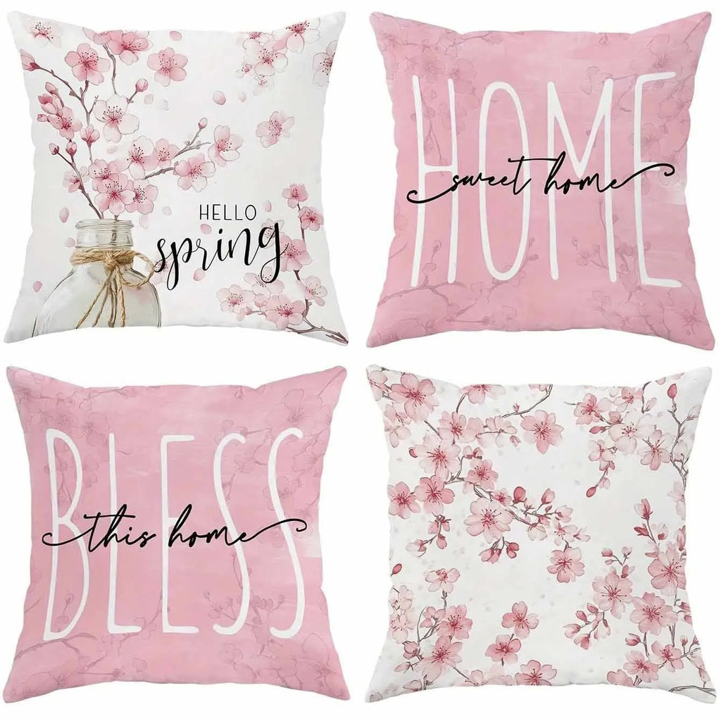 45cm square short velvet cushion cover with a spring cherry blossom letter design