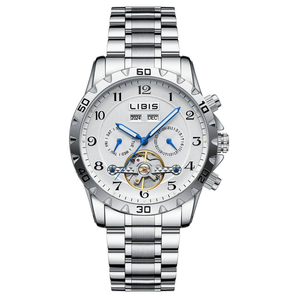 Men's silver steel automatic perpetual calendar watch with stainless steel strap and sapphire crystal