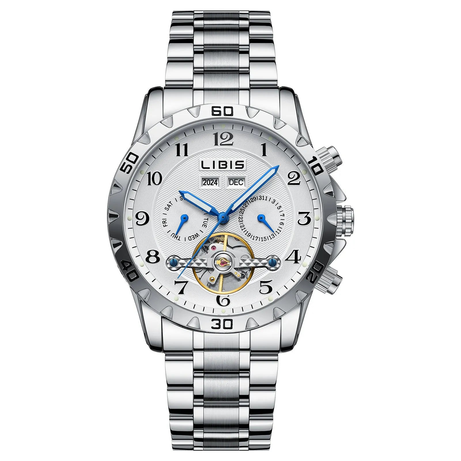 Men's silver steel automatic perpetual calendar watch with stainless steel strap and sapphire crystal
