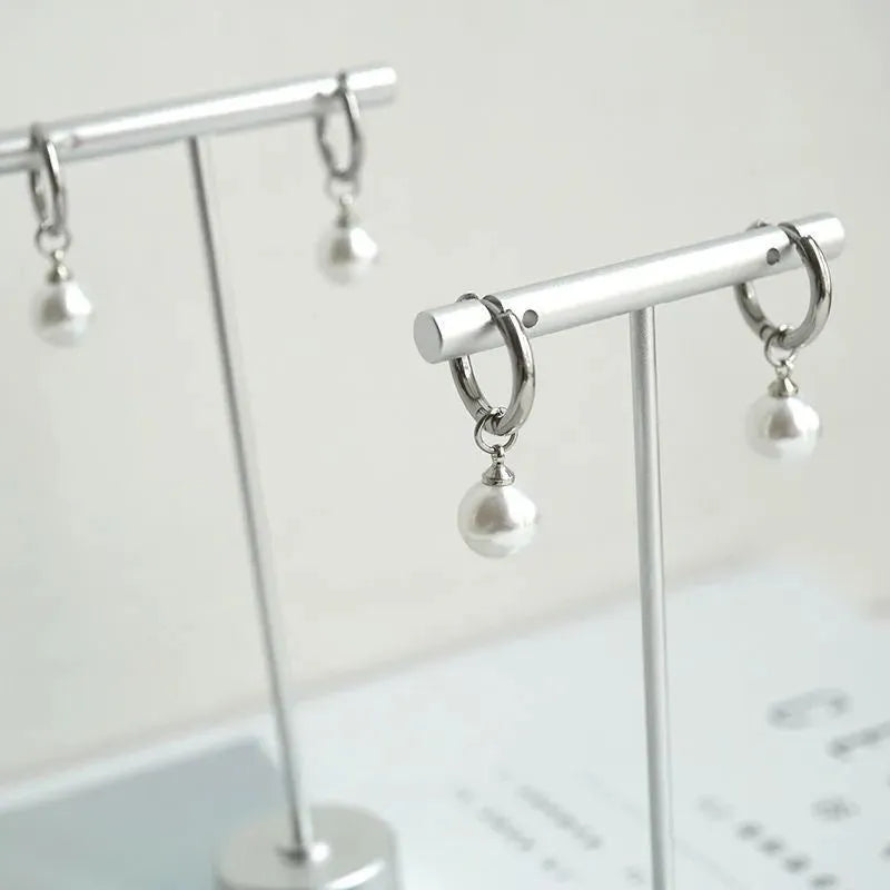 Geometric alloy pearl earrings with titanium steel posts for women's contemporary jewellery
