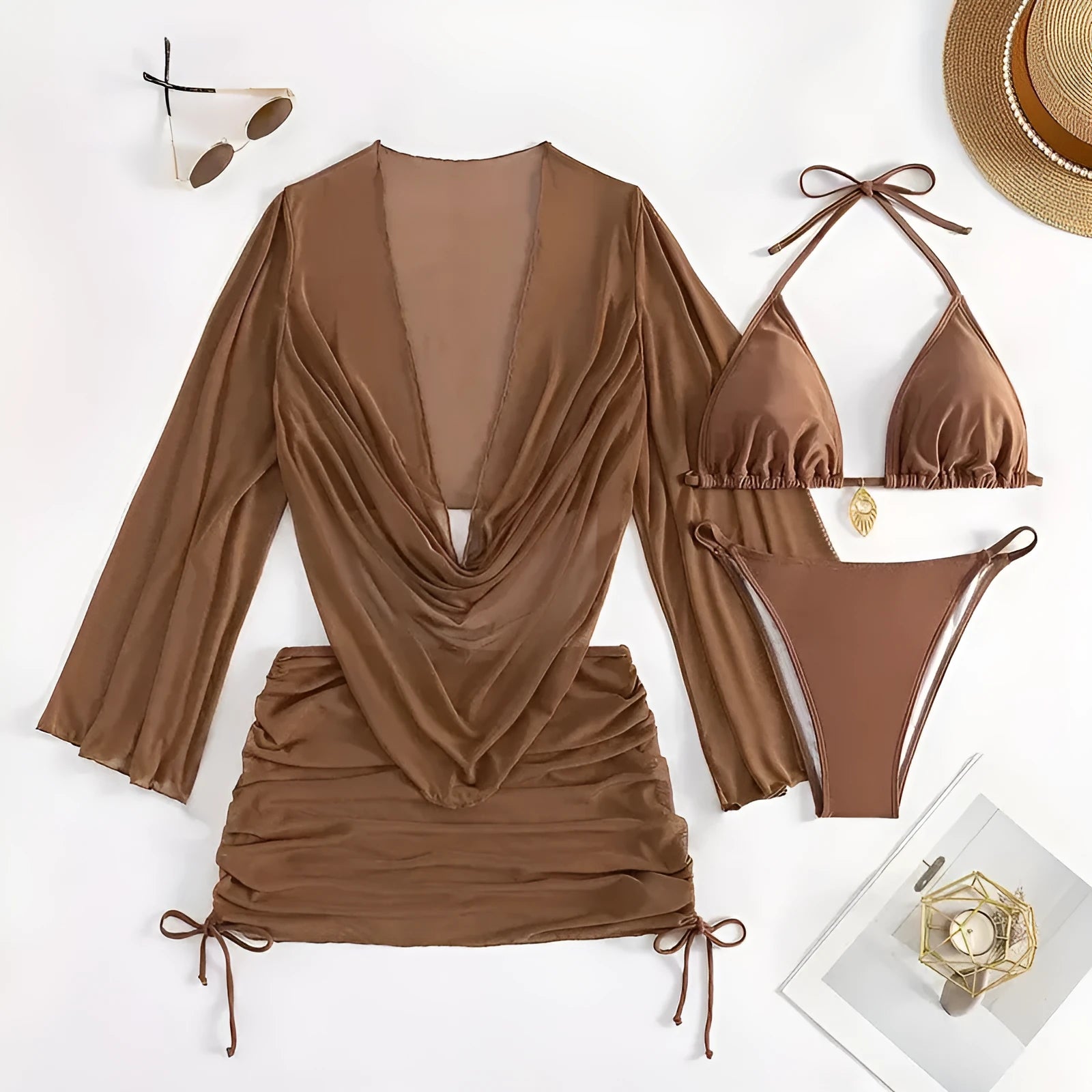 Dark brown women's lace-up backless bikini swimsuit set on a model, showing sleeveless design.