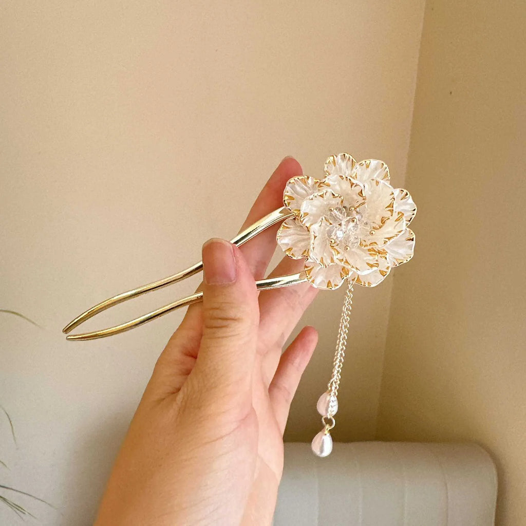 Purple and white alloy peony U-shaped hairpin with retro pastoral styling
