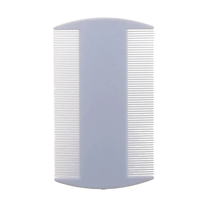 A plastic double-edged fine-toothed flea comb for pets and lice removal, shown in various colours.