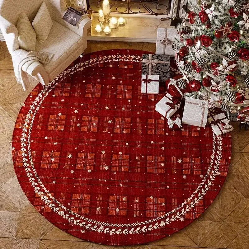 Red Christmas-themed round polyester floor mat with non-slip base on a living room floor.