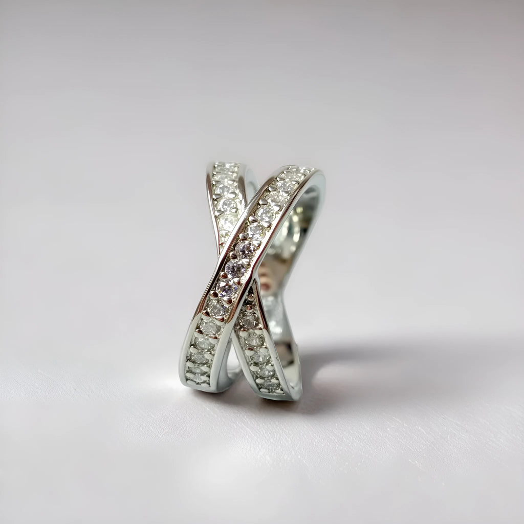 Metal cross ring with micro-inlaid zircon detailing in silver or rose gold electroplated finish