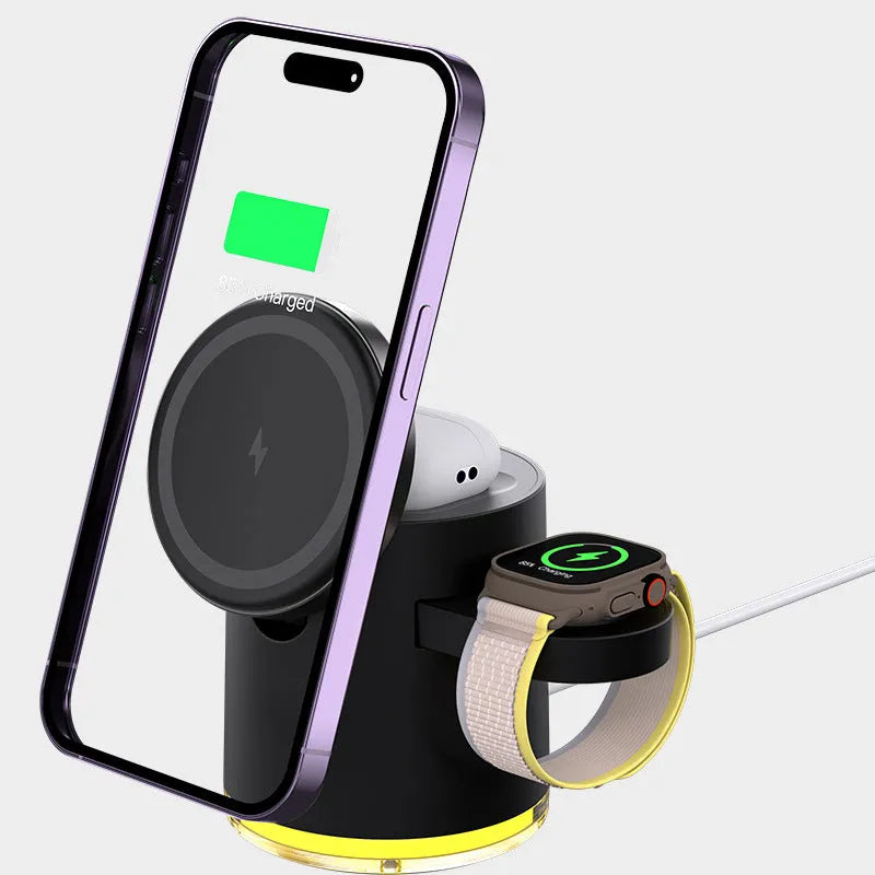 C16 folding three-in-one magnetic wireless charger in black or ivory white, charging a phone, watch and earphones.