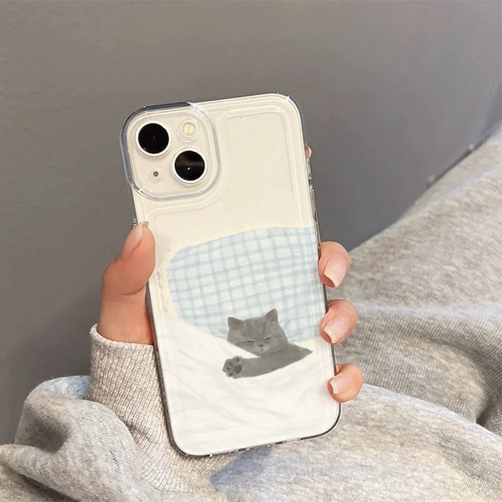 Transparent Apple iPhone case with sleeping cat design showing shockproof TPU construction