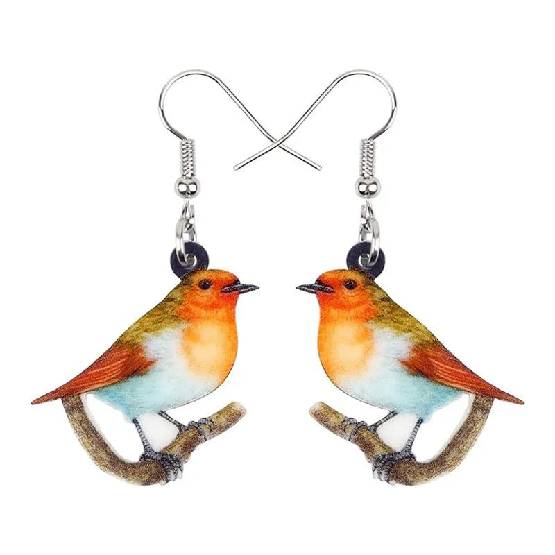 Blue titmouse pendant drop earrings with geometric animal zodiac snake designs printed on acrylic