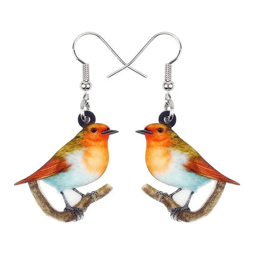Blue titmouse pendant drop earrings with geometric animal zodiac snake designs printed on acrylic