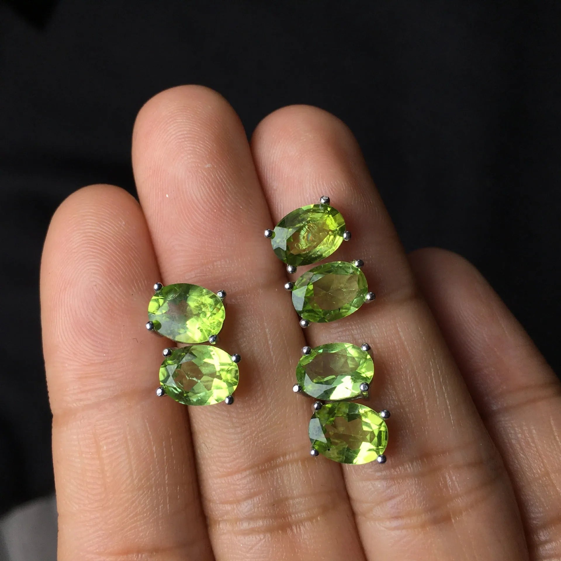 Grass green natural olivine oval stone stud earrings in S925 sterling silver.
