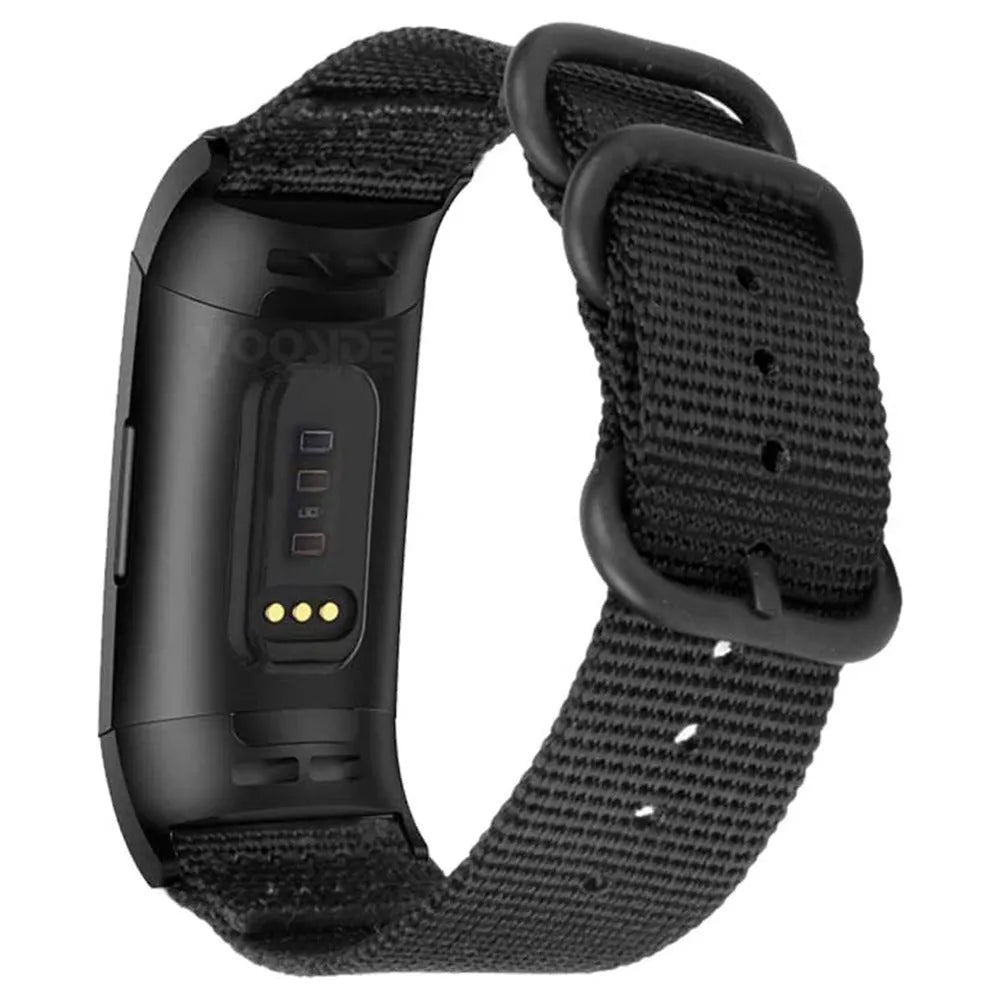 Army Green nylon strap with three-ring metal buckle for Fitbit Charge 3 fitness tracker