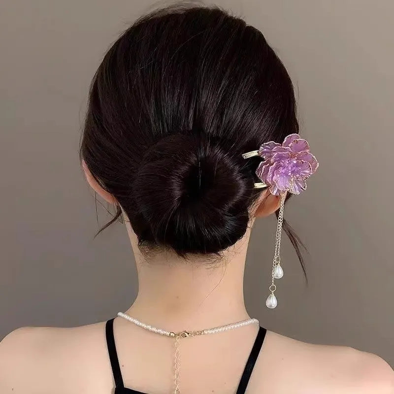 Purple and white alloy peony U-shaped hairpin with retro pastoral styling