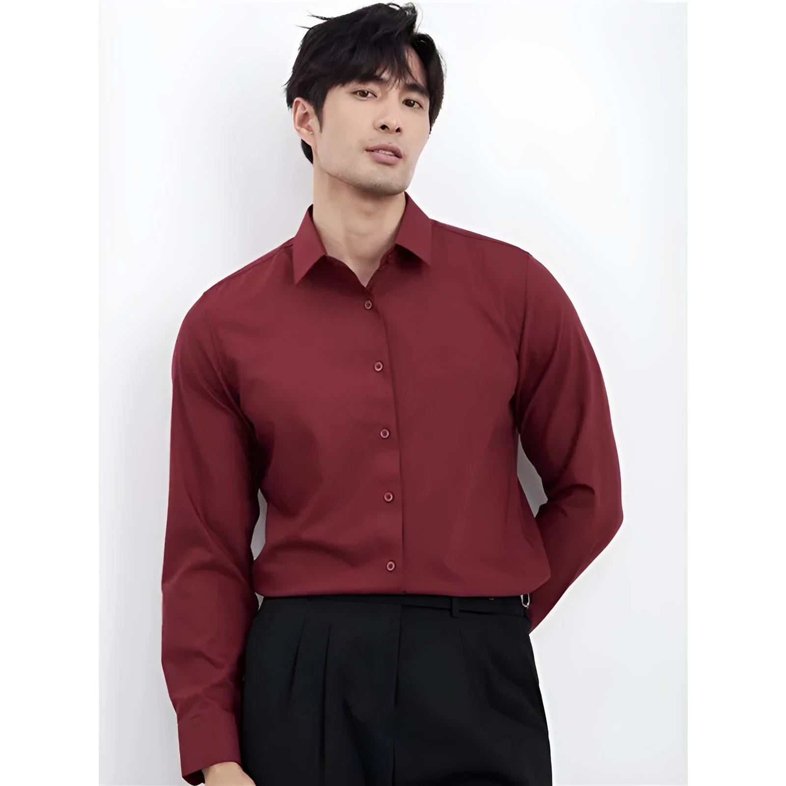 Wine red slim fit men's long sleeve shirt with non-iron polyester blend fabric