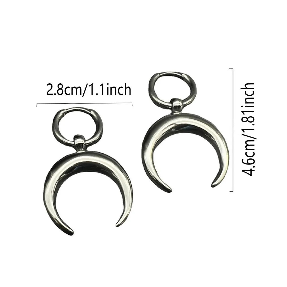 Silver geometric moon big hoop earrings with gothic punk style and ear clip fastening