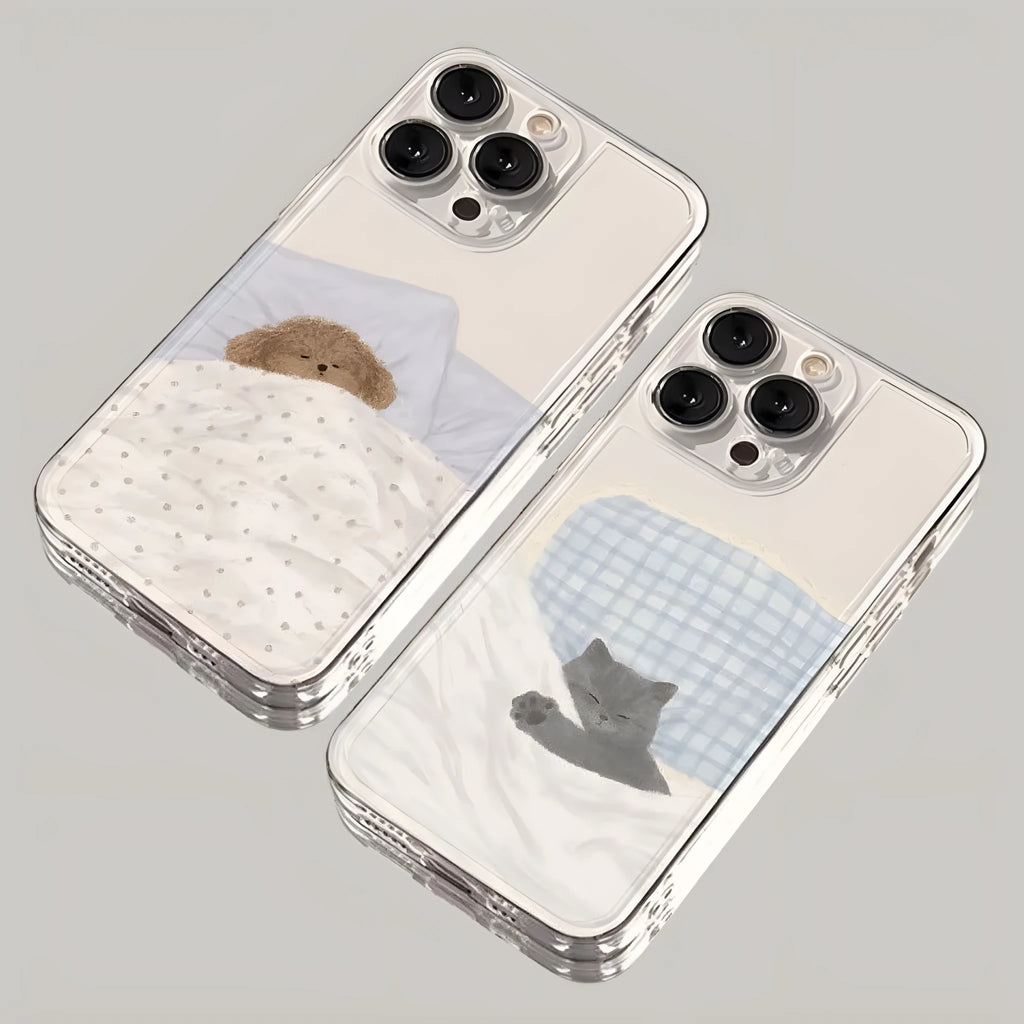 Transparent Apple iPhone case with sleeping cat design showing shockproof TPU construction