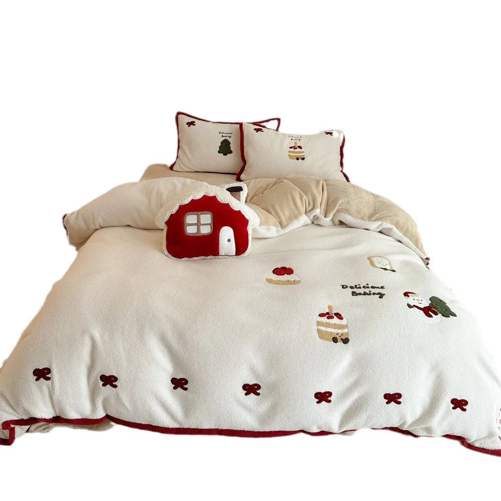 Winter Christmas cartoon polyester bedding four-piece set with Xuefu Milk Pastry pattern showing bed sheet, duvet cover, and pillowcases