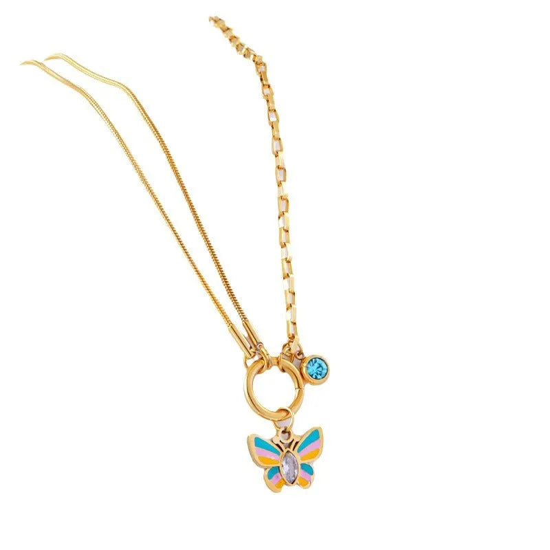 Gold titanium steel necklace and bracelet set with colourful epoxy butterfly pendant on snake bone chain.