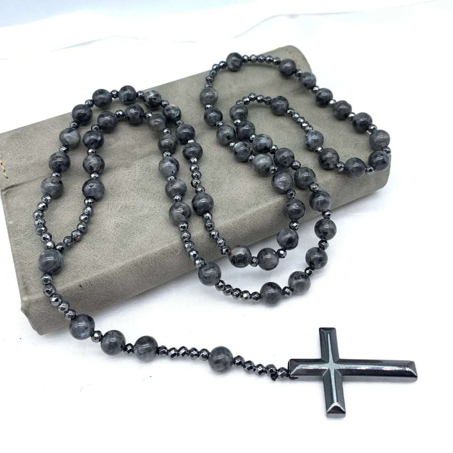 Men's stone cross pendant necklace on 80cm ball bead chain with safety clasp