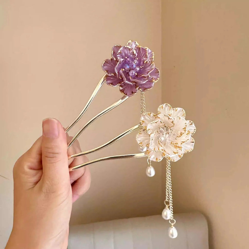Purple and white alloy peony U-shaped hairpin with retro pastoral styling