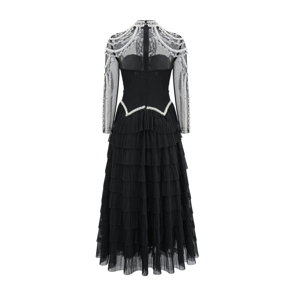 Women's black beaded long sleeve polyester dress with three-dimensional decoration