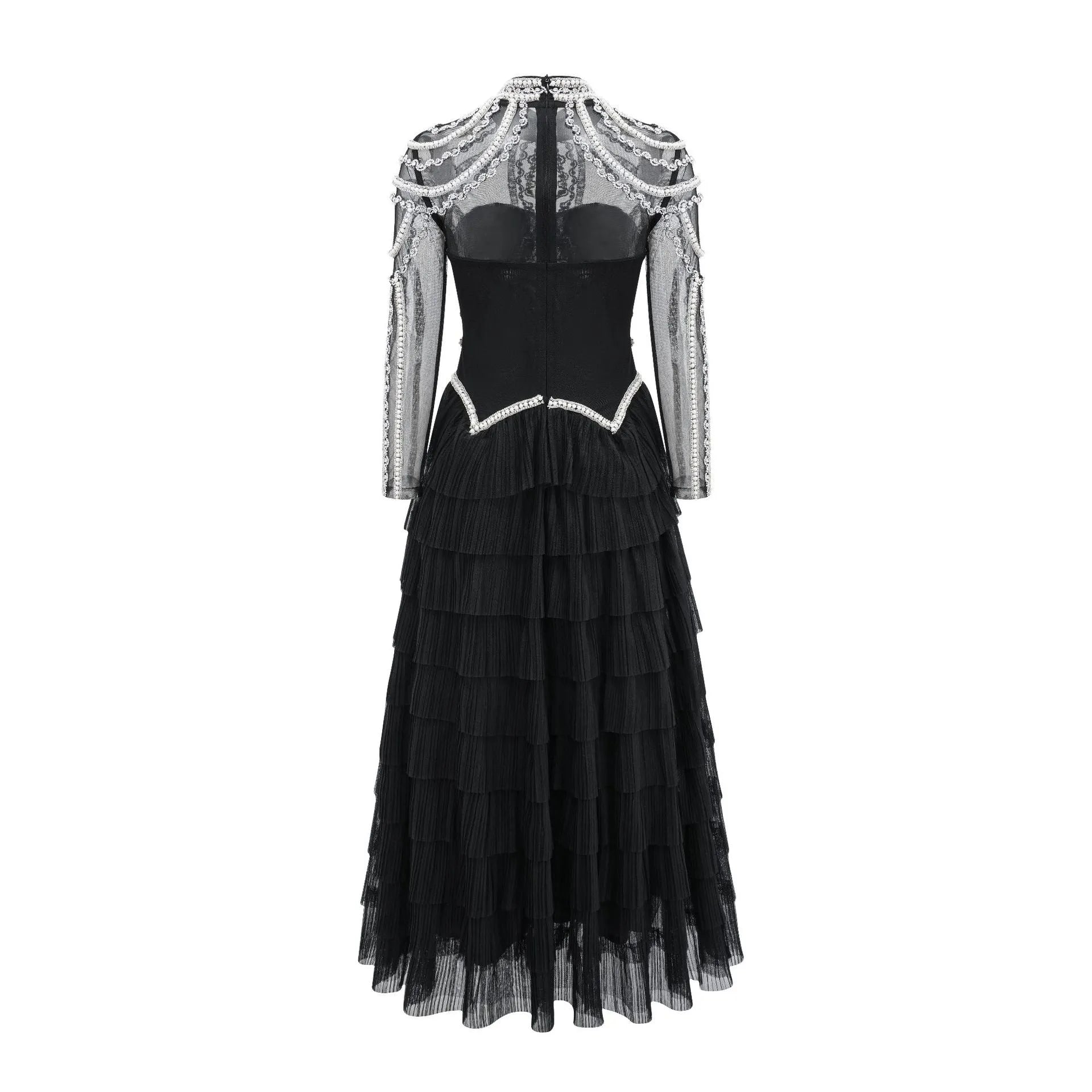 Women's black beaded long sleeve polyester dress with three-dimensional decoration