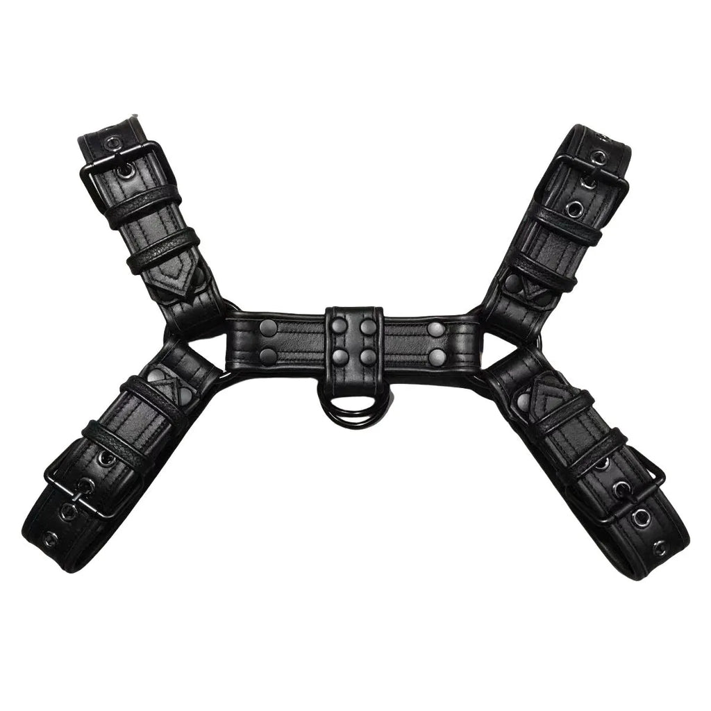Black leather adjustable chest bondage strap with metal buckle for adult costume events
