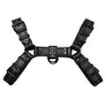 Black leather adjustable chest bondage strap with metal buckle for adult costume events