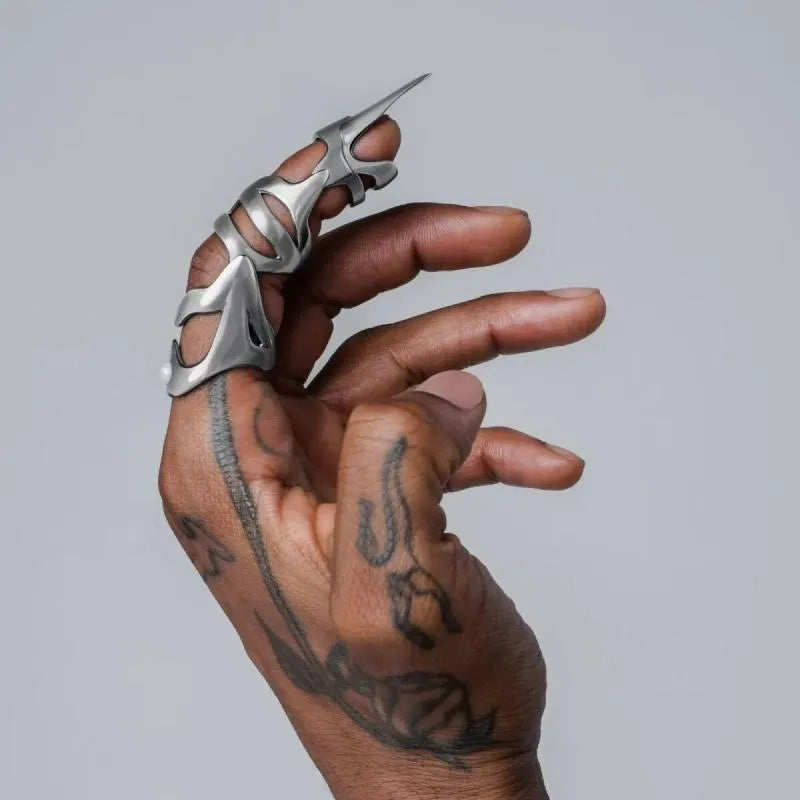 Silver alloy punk armour finger stall ring for alternative fashion and cosplay