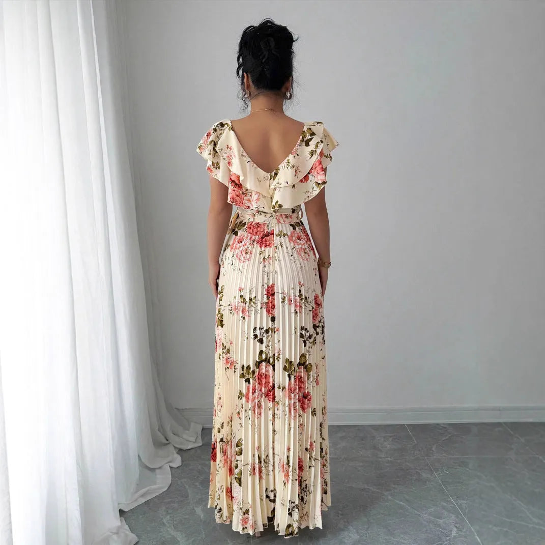 Apricot V-neck floral print dress with ruffled sleeves and an oversized swing skirt.