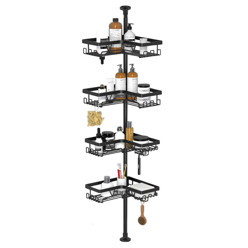 A modern, hole-free retractable bathroom storage rack with four shelves made of stainless steel and iron.