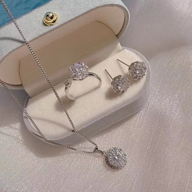 Zircon light luxury good luck rotating open rings ear studs necklace suit for women, copper and zircon, floral sun snowflake pattern