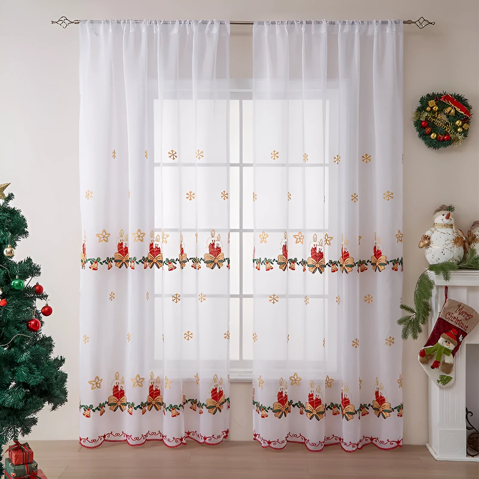 A pair of American-style Christmas curtains with white embroidered snowflakes on a red background.