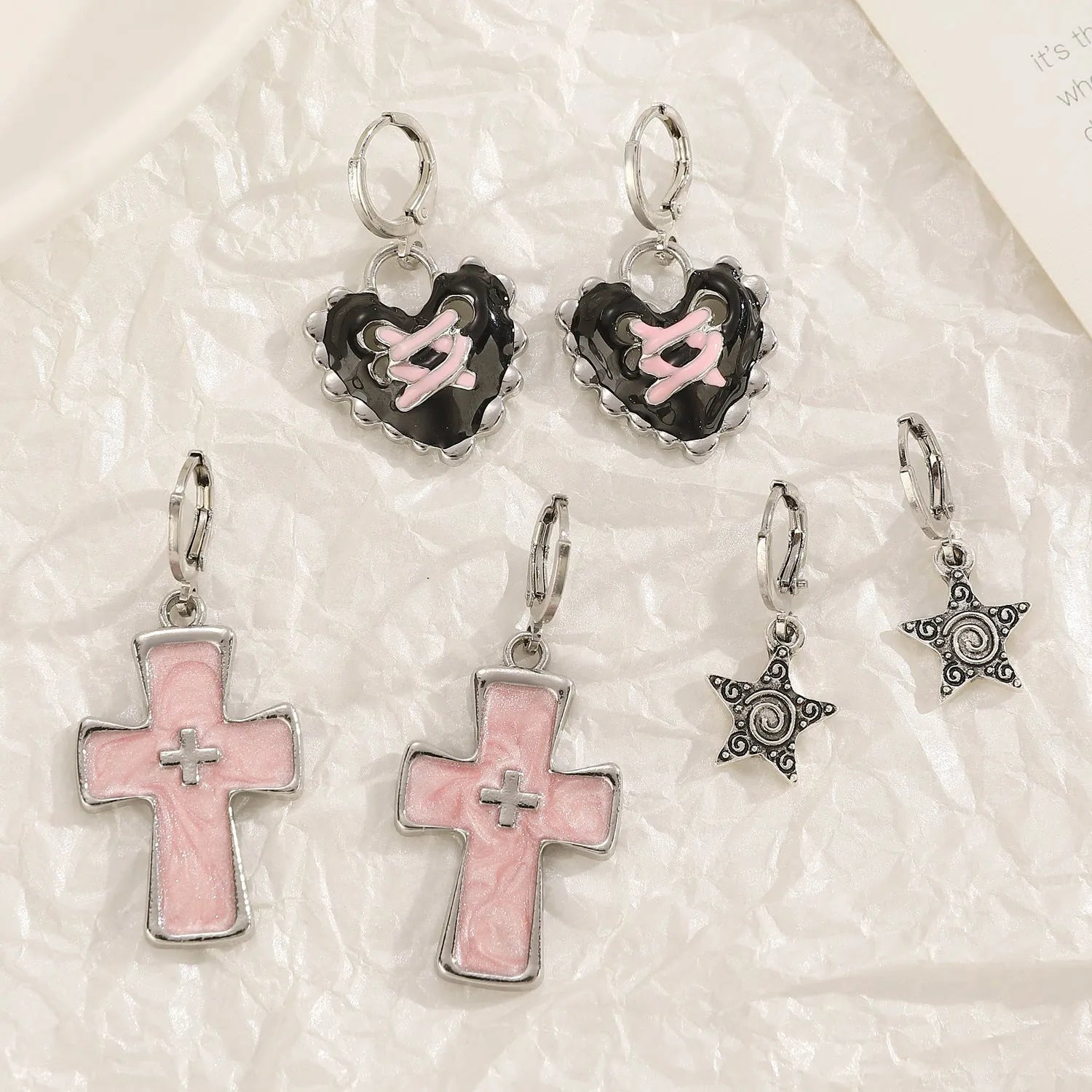 Women's alloy cross crystal earrings in five colour options including white cross and bright black cat designs