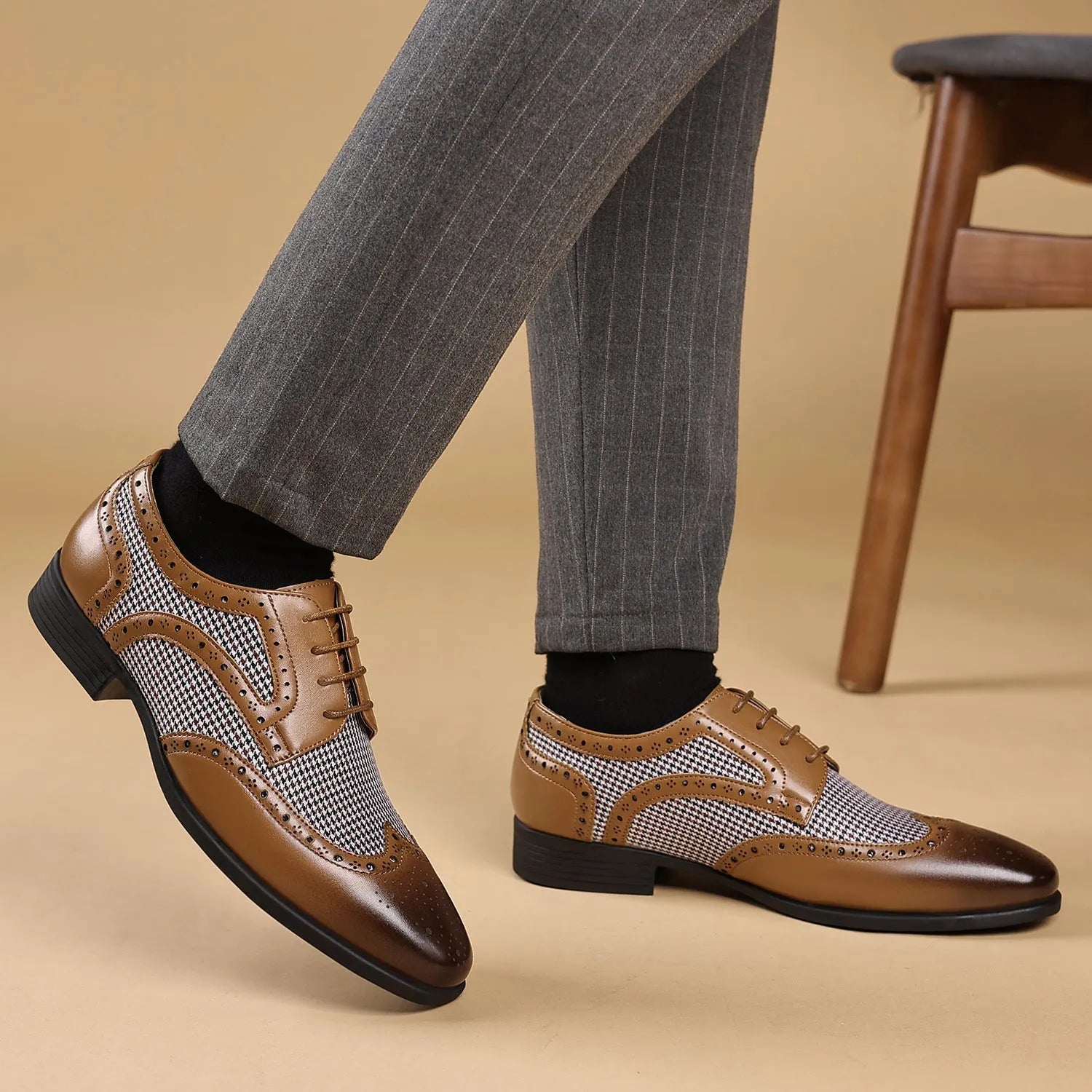 Men's black houndstooth plaid canvas casual shoes with square toe and lace-up front.